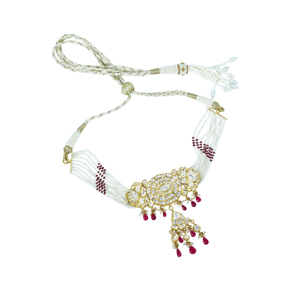 Oval Polki Choker with Floral Motifs, Ruby Drops, and Pearl Accents